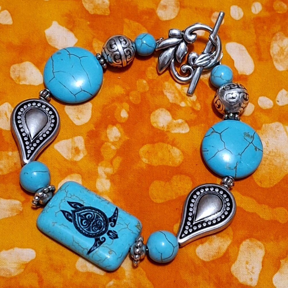 Artisan Hand Crafted Bracelet Turtle Tribal Art Silver Turquoise Beaded OSFM - Picture 4 of 11